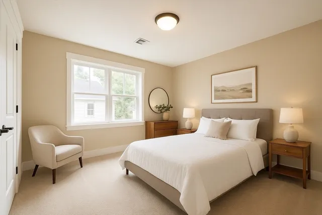 a bedroom with a bed and a window