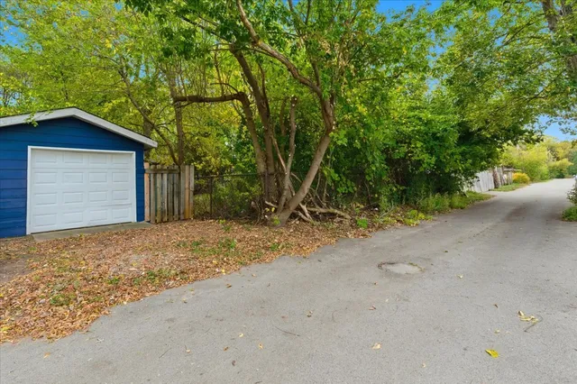 a backyard of a house with plants and large trees
