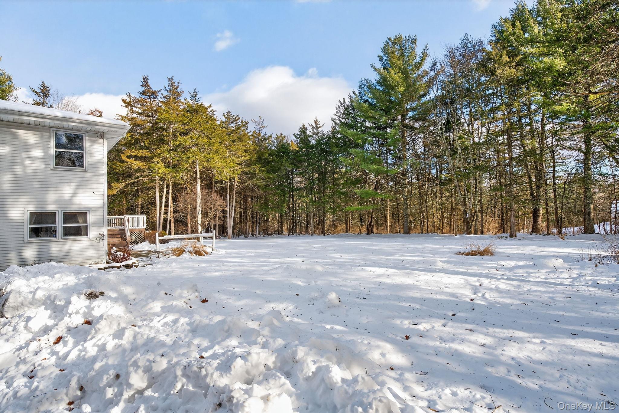 15 Royal Oak Road Stone Ridge, NY 12484 - Photo 32 of 34 Yard layered in snow with a wooden deck and a view of trees