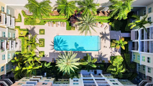 a view of a swimming pool with a lounge chair and palm trees
