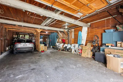 a view of a garage with storage