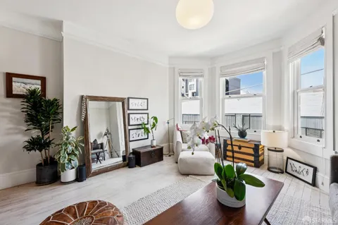 a living room with furniture potted plant and windows