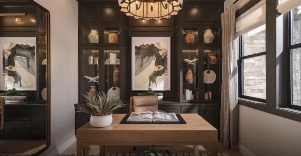 a dining room with furniture and window