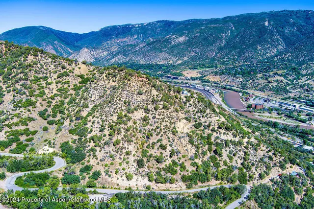 an aerial view of a house with a yard and large trees