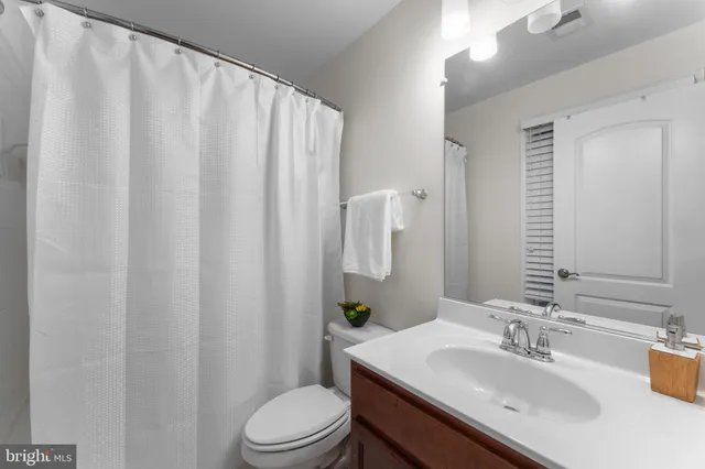 a bathroom with a sink a toilet and shower curtain
