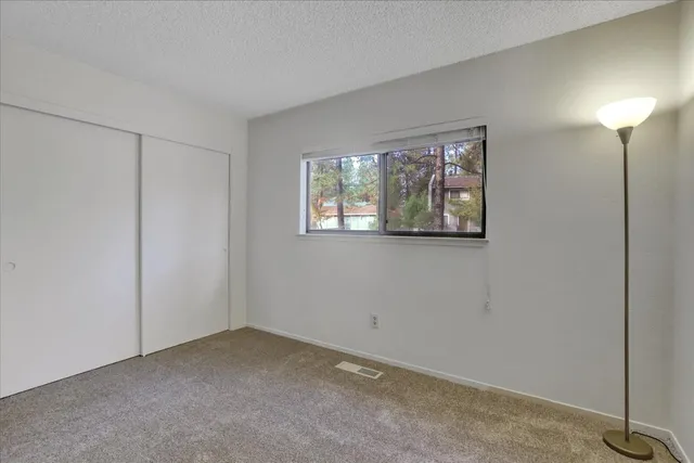 a view of a grassy field with trees in the background