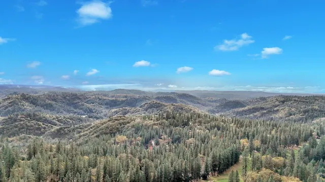an aerial view of residential house with outdoor space and trees all around
