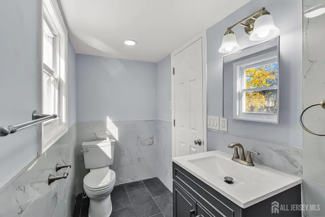 a bathroom with a sink toilet and mirror