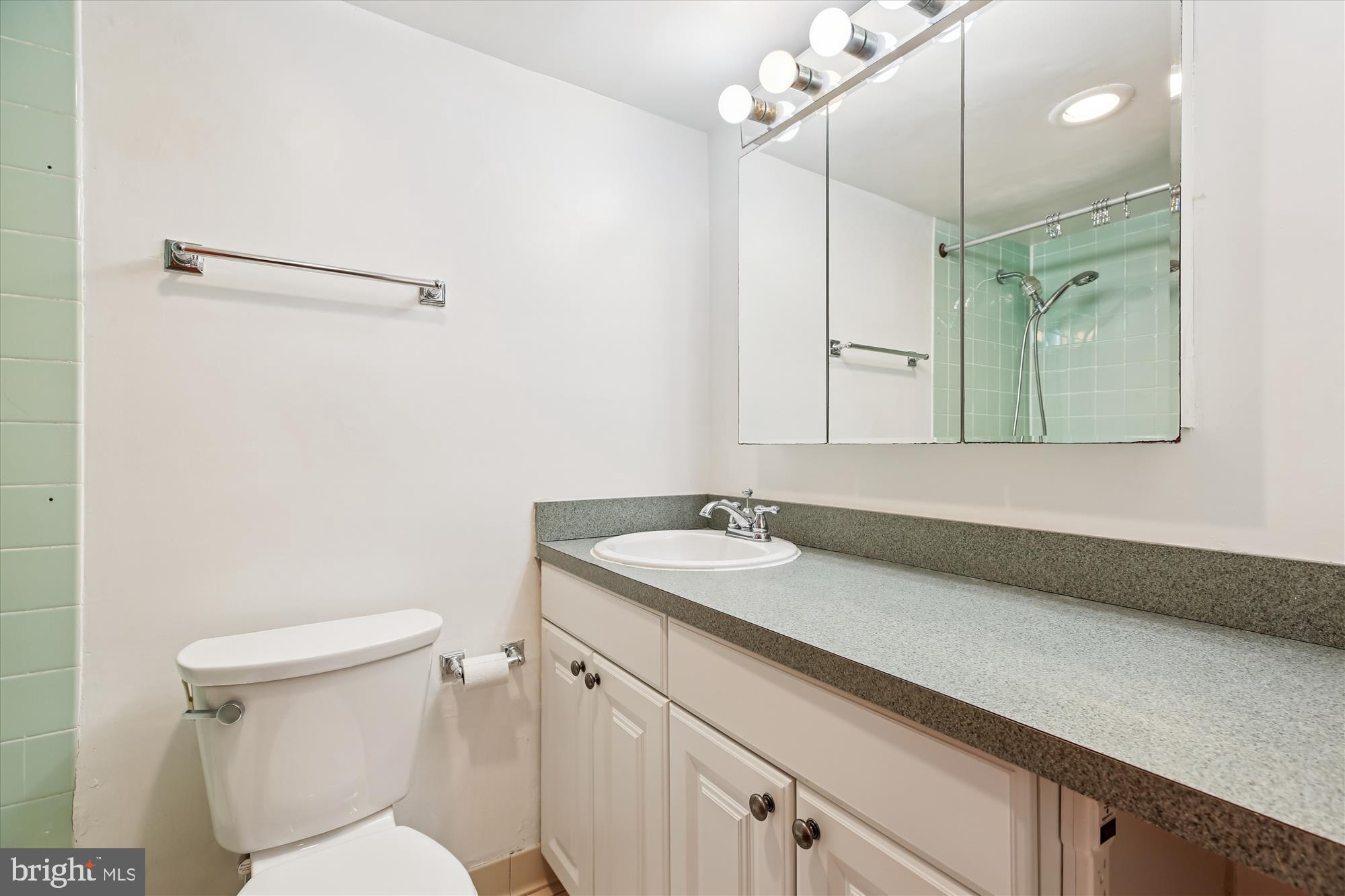 950 25th Street Northwest, Unit 709N Washington, DC 20037 - Photo 25 of 52 a bathroom with a sink a toilet a mirror and shower
