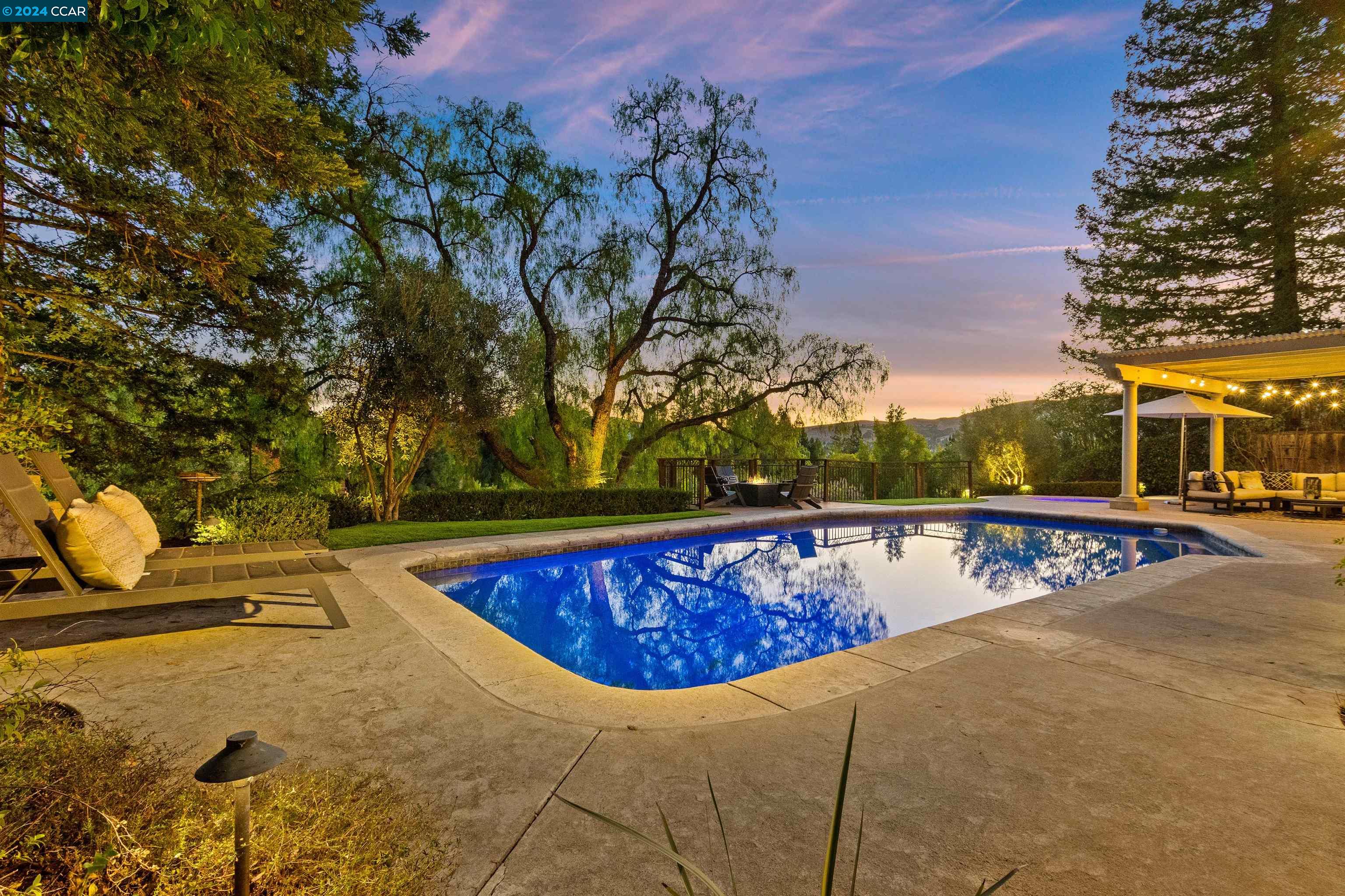 a view of a swimming pool with a yard
