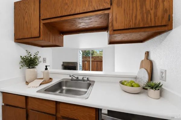 a kitchen with a sink and potted plant