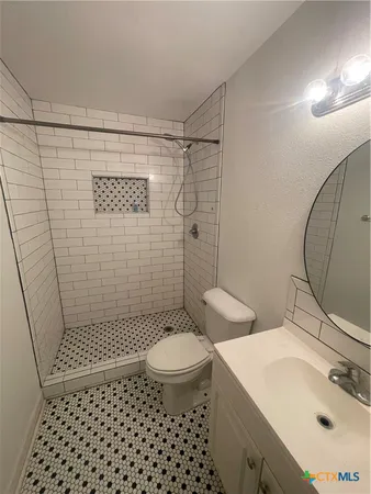a bathroom with a sink a toilet and shower