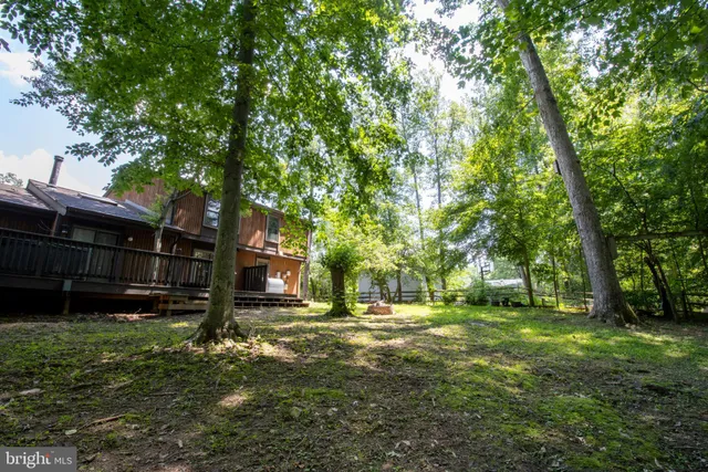 a view of a backyard with wooden fence and trees