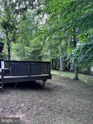a view of backyard with wooden fence and large trees