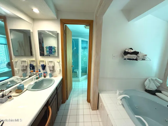 a bathroom with a tub sink and mirror