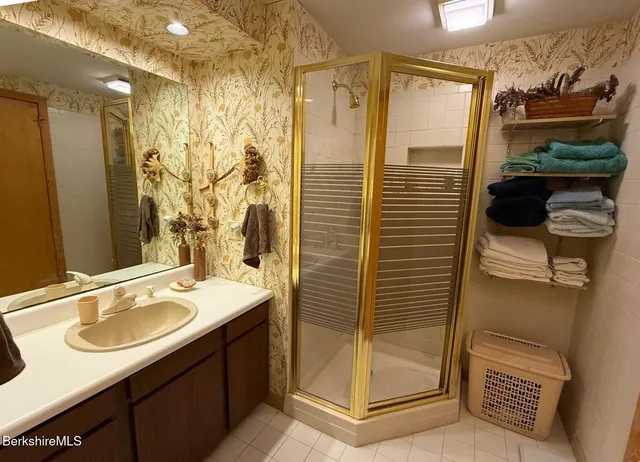 a bathroom with a sink a mirror and a shower