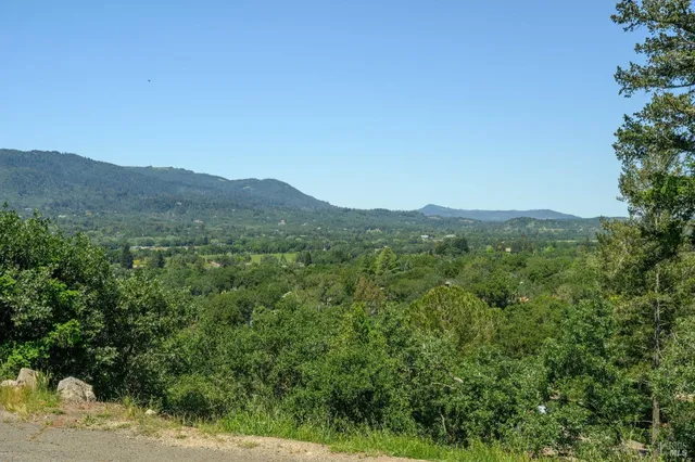 a view of a mountain range with trees in the background