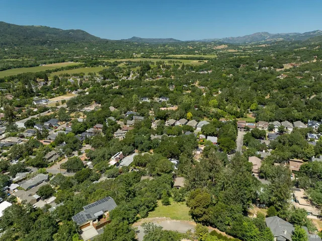 an aerial view of residential houses with outdoor space and trees
