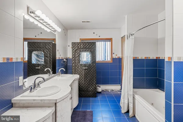 a bathroom with a sink a toilet and mirror