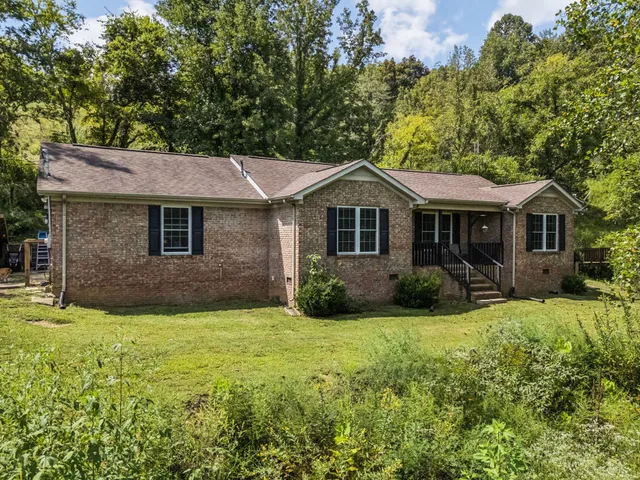 a front view of a house with yard and green space