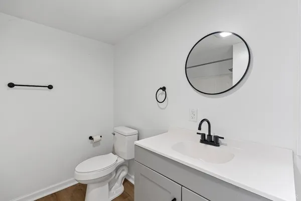 a bathroom with a sink a toilet and a mirror