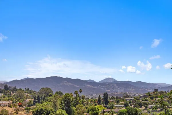 a view of a city with a mountain in the background
