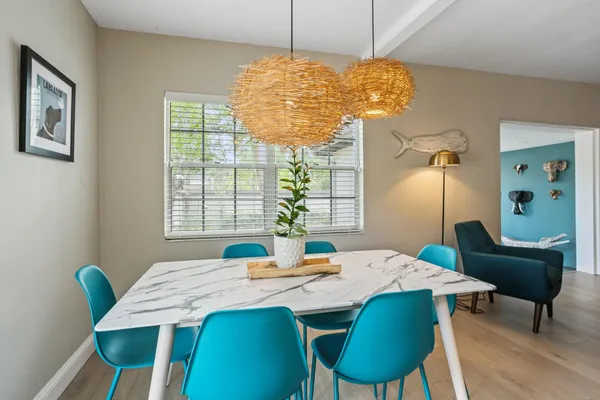 a view of a dining room with furniture window and wooden floor