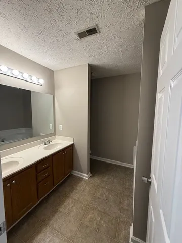a bathroom with a double vanity sink and mirror