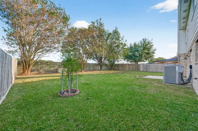 a view of a backyard with large trees