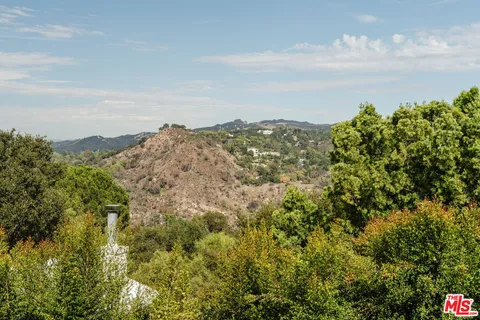 a view of a large building with a mountain in the background
