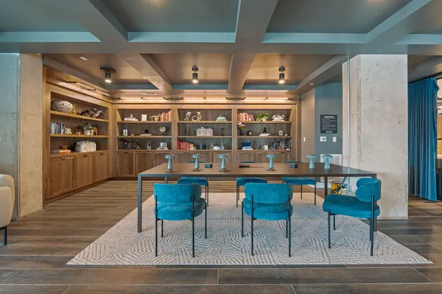 a dining room with wooden floor