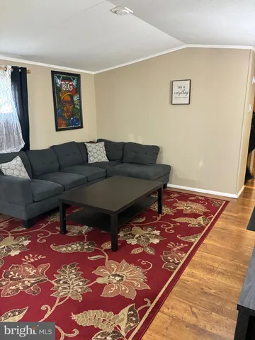 a living room with a couch and a rug
