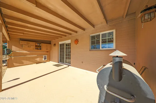 a bedroom with a bed and a stove