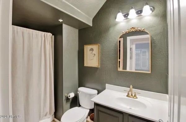 a bathroom with a sink a toilet and mirror