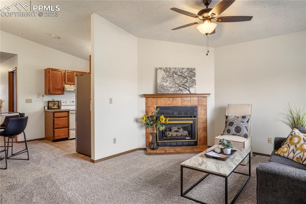 6385 Bismark Road Colorado Springs, CO 80922 - Photo 2 of 25 a living room with furniture and a fireplace