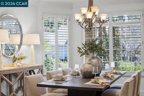 a view of a dining room with furniture window and outside view