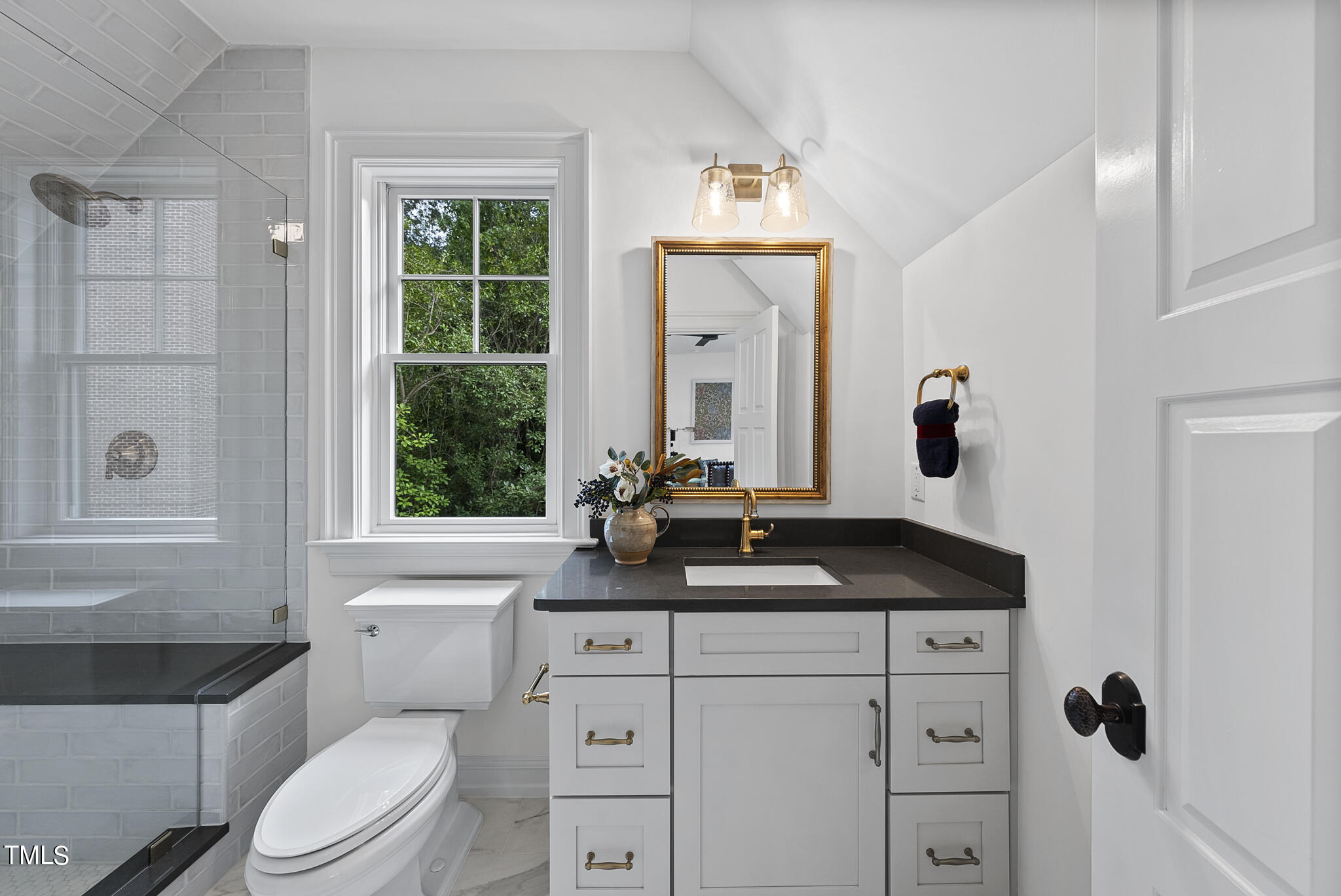 2009 St Marys Street Raleigh, NC 27608 - Photo 82 of 88 a bathroom with a granite countertop sink a toilet a large mirror and shower