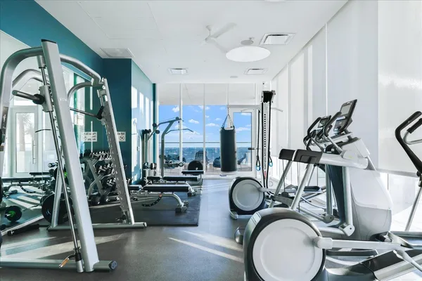 a view of a room with gym equipment