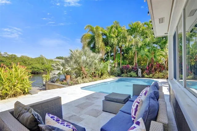 a view of backyard with swimming pool and outdoor seating