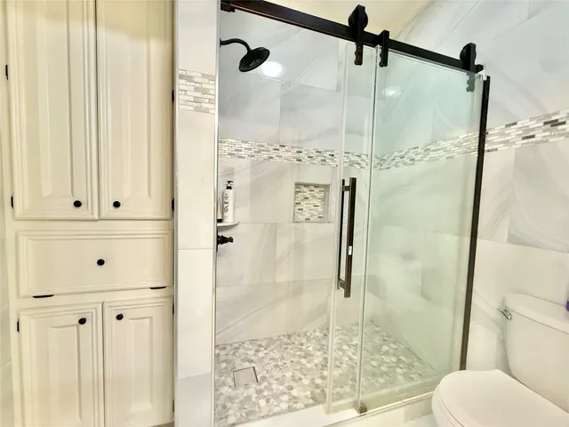 a bathroom with a shower and toilet