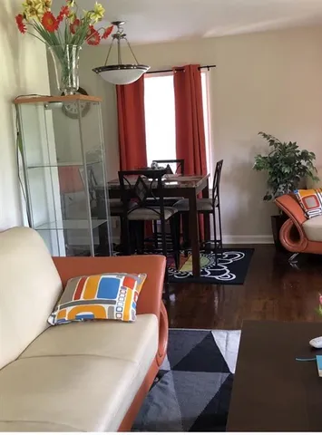 a living room with furniture rug and wooden floor