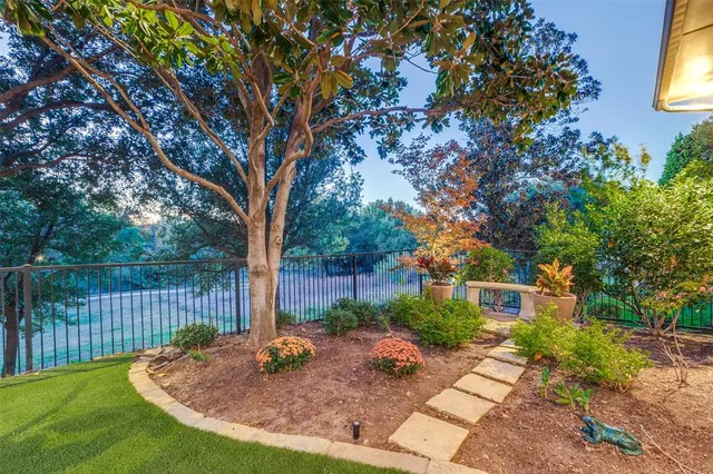 a view of a backyard with a tree