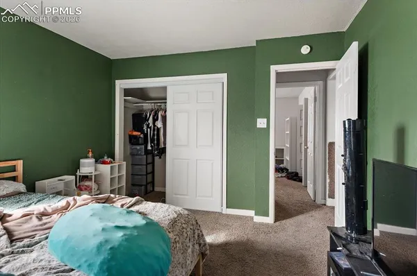 a bedroom with bed and walk in closet