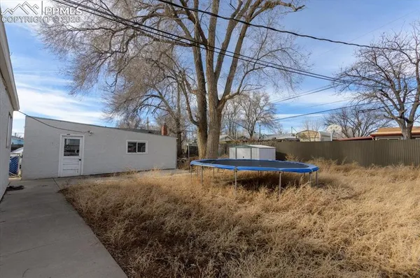 a view of a backyard with large trees