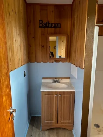 a bathroom with a sink and a mirror