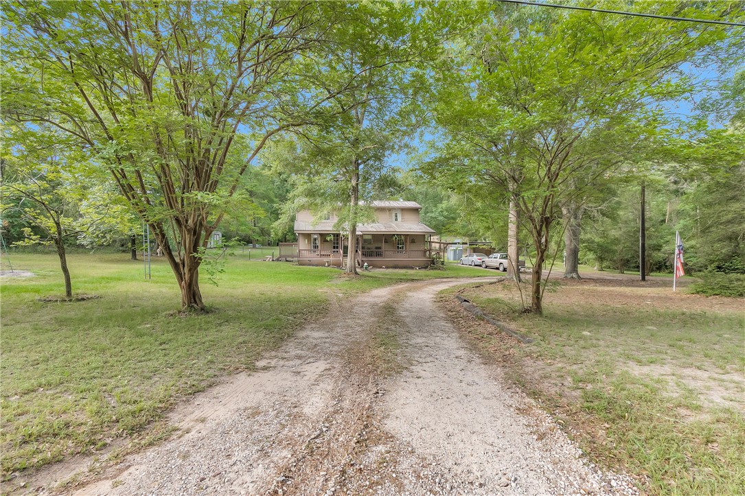 8516 Hickory Road Plantersville, TX 77363 - Photo 1 of 1 View of front of home with dirt driveway, a front lawn, and covered porch