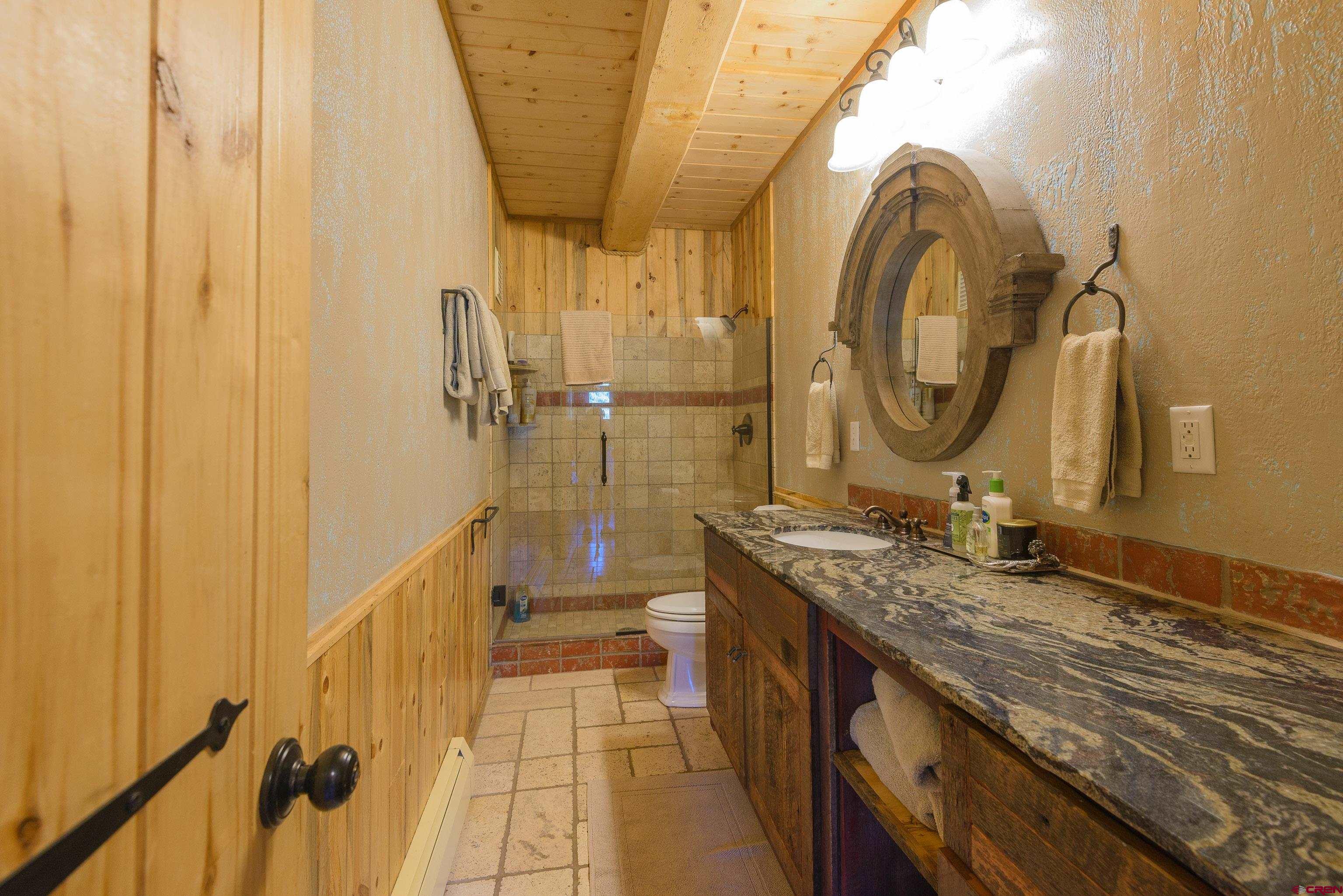 1250 County Road 734 Crested Butte, CO 81224 - Photo 20 of 45 a bathroom with a granite countertop sink a mirror and a shower