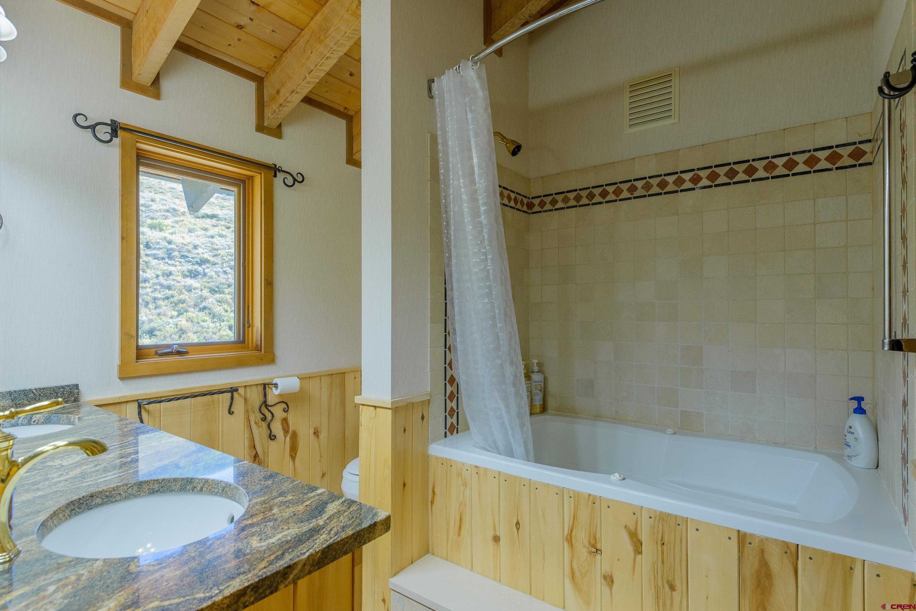 1250 County Road 734 Crested Butte, CO 81224 - Photo 30 of 45 a bathroom with a granite countertop sink a mirror and a bathtub