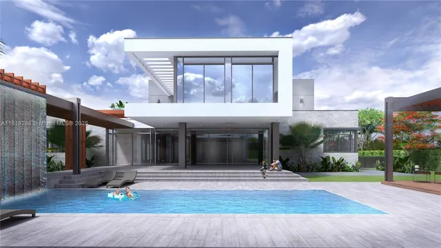 a view of a building with a garden