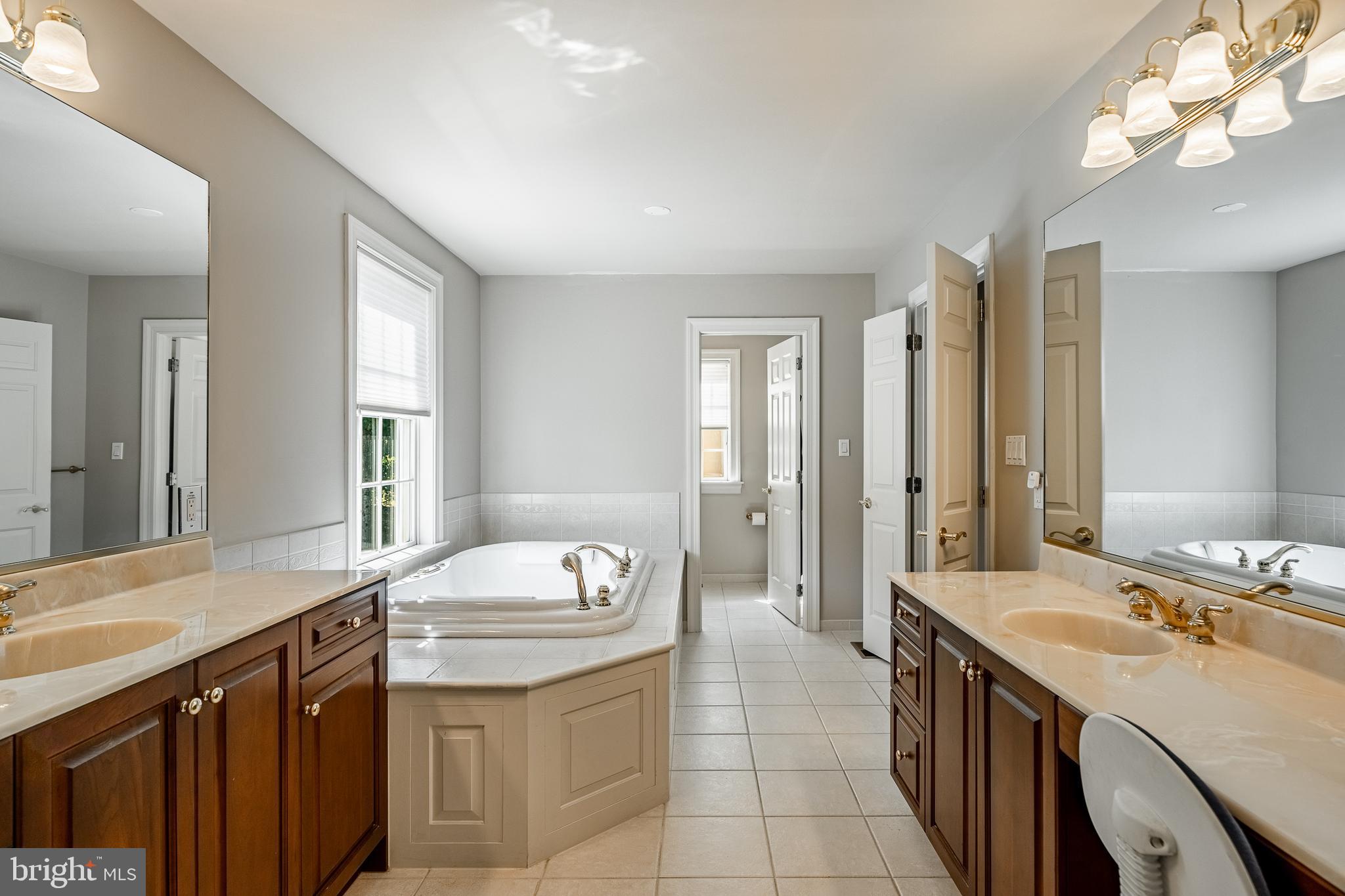 37 Ruth Circle Malvern, PA 19355 - Photo 38 of 63 a spacious bathroom with a granite countertop sink a toilet a mirror and a tub